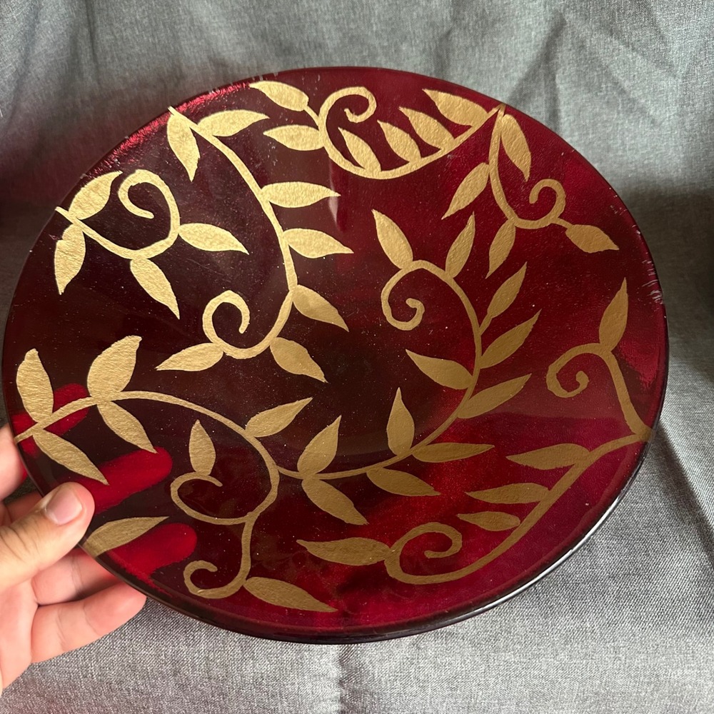 Glass Bowl Large Red Gold Leaf Vine Centerpiece Home Decor